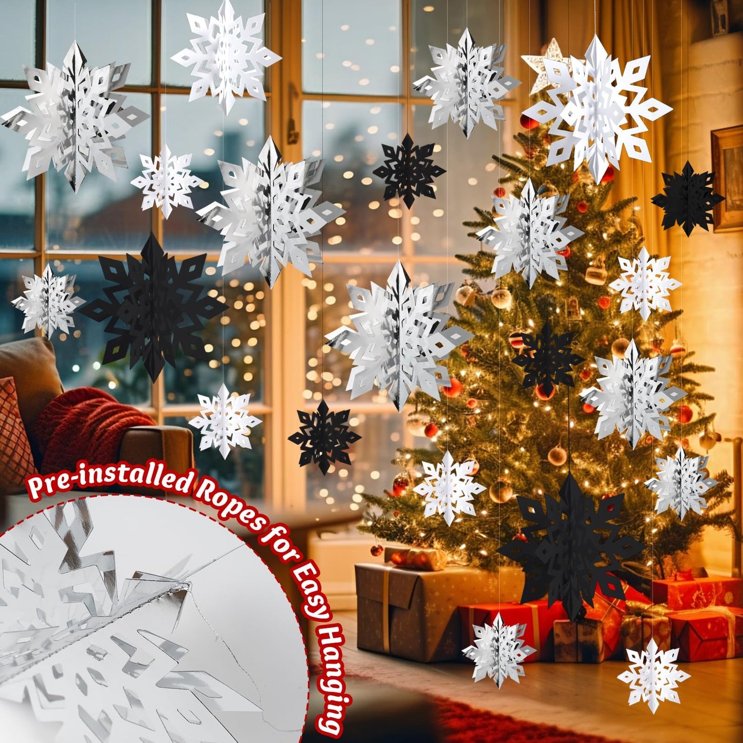 OuMuaMua Christmas Snowflake Decorations Indoor, 24PCS 3D Paper Snowflakes Hanging Ornaments Snowflake Garlands for Xmas Christmas Tree Winter Wonderland New Year Party Home Decorations