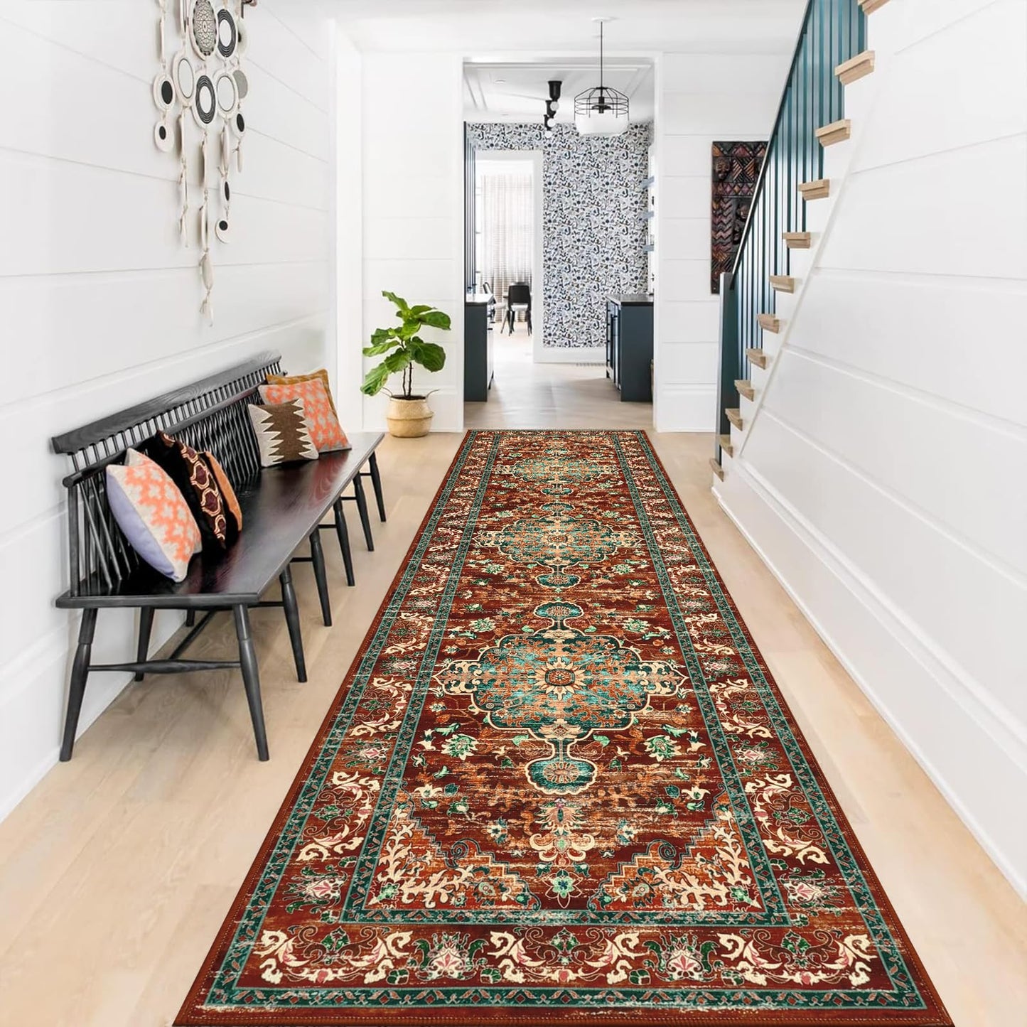 U'Artlines 2' x 8' Boho Hallway Runner Rug, Non Slip Washable Vintage Farmhouse Accent Area Rug Carpet for Kitchen Entryway Laundry and Living Room (Rust＆Teal)
