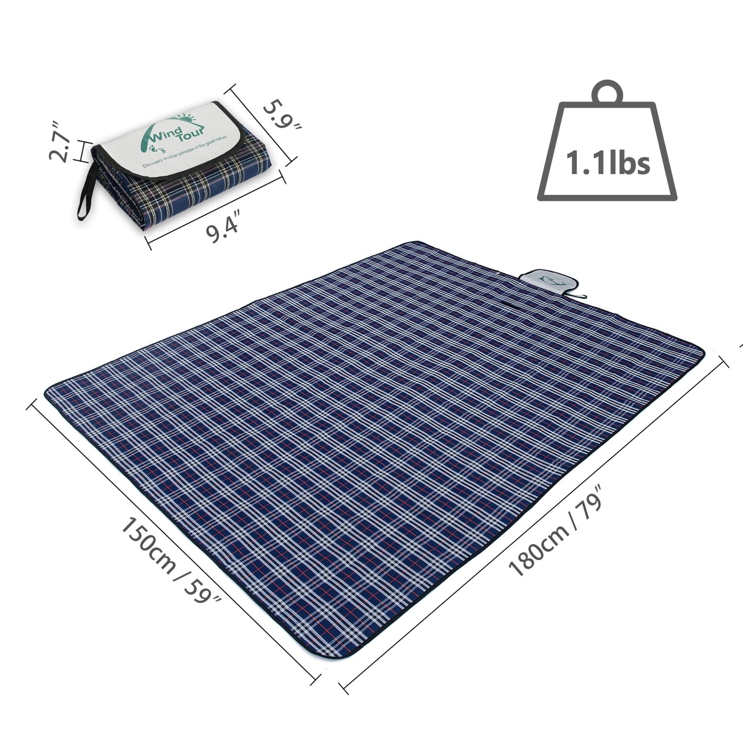 Wind Tour Waterproof Picnic Blanket with Carry Strap - Foldable Sandproof Outdoor Mat for Camping, Beach, Park - 59" x 71",Navy Blue(Single Mat)