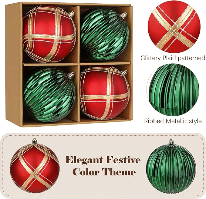 4.7" Large Plastic Christmas Balls Ornaments Set of 4, Glitter Shatterproof Christmas Bulbs Ornaments for Xmas Tree Decorations, Red and Green Ornament for Tree, Mantel, Garland, Winter, Holiday Decor