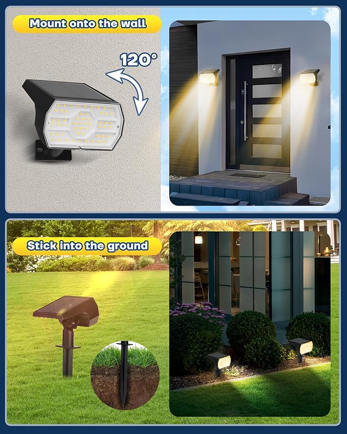 Kaxiida Solar Lights Outdoor Waterproof IP68, 3 Lighting Models Solar Powered Spot Lights Outdoor, 56LED Solar Light Dusk to Dawn for Yard Patio Garden Pathway Landscape Lighting (Warm White, 8 Pack)