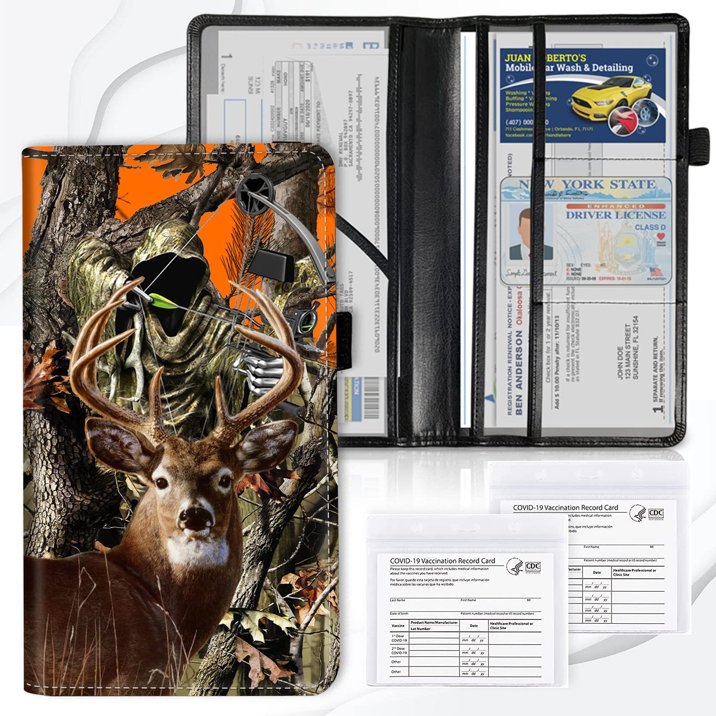 Car Registration and Insurance Card Holder, Premium Leather Vehicle Wallet Cover for Glove Box Car Organizer Drivers License / Cards / ID - Essentials Document Holder, Camo Camouflage Deer Hunter