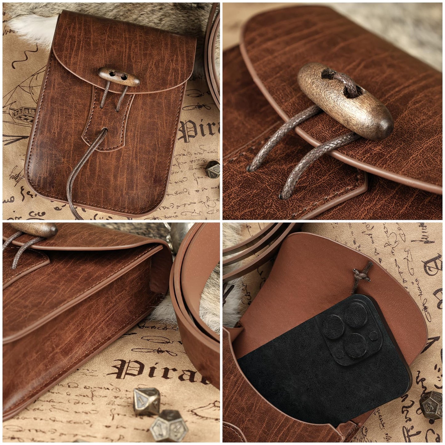 EpicCos Renaissance Belt Pouch, Medieval Pirate Cosplay Accessories for LARP, Vintage Leather Waist Bag with Ren Faire Belt (Brown)