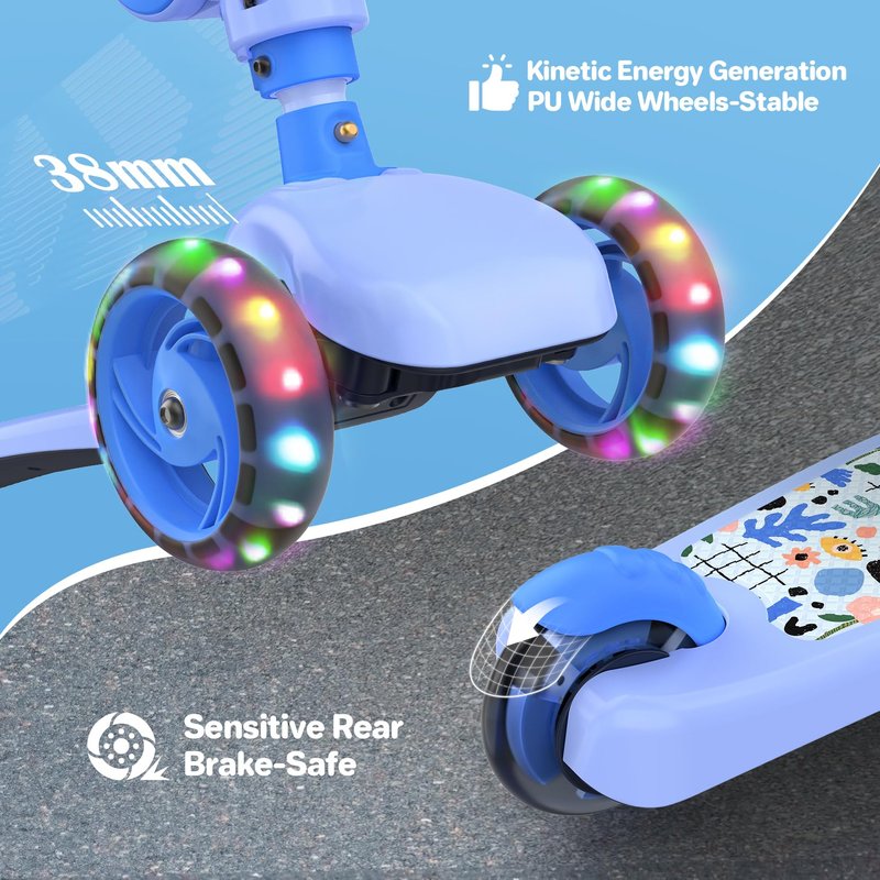 TONBUX Kids Scooter with Seat, 3 Wheels Scooter with PU Luminous Wheels, Non-Slip Handle and Wide Deck, Sensitive Brakes, 4-Level Adjustable Height, Scooters for Kids 2–8 Years Blue
