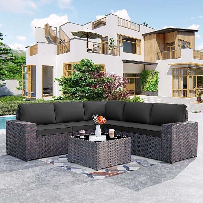 Kurapika 6 Pieces Patio Furniture Set, Rattan Outdoor Conversation Sets w/4 Inch Cushion and Glass Coffee Table(Black)