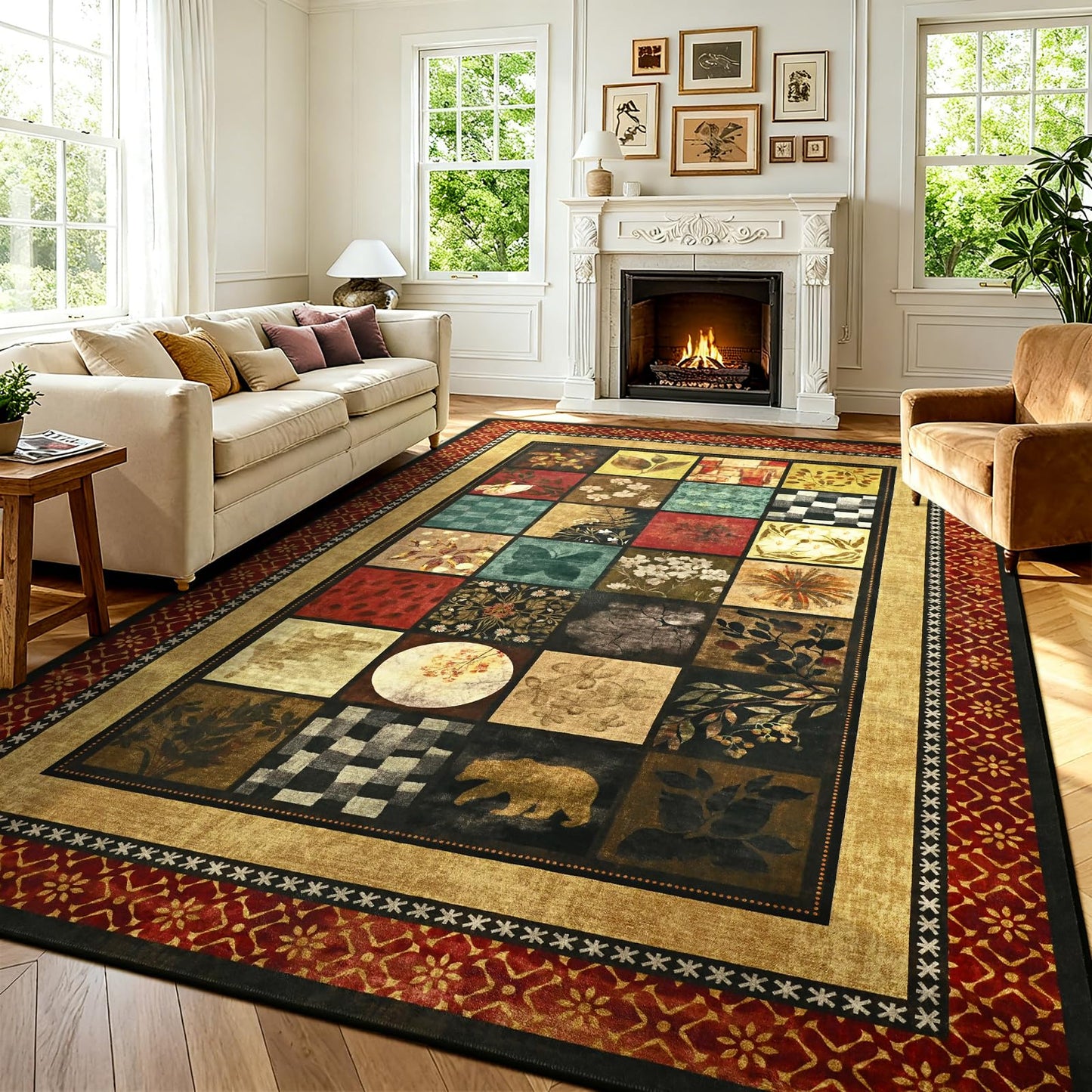 Zedrew 5x7 Area Rug, Geometry Floral Rugs for Living Room, Non Slip Low Pile Print Rug Indoor Carpet Bedroom Office Dining Kids Room Playroom Apartment Home Decor (Red, 5x7ft)