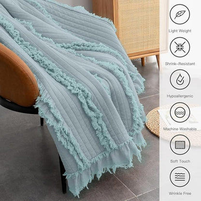 Ultra Soft Pre-Washed Quilted Boho Blue Green Twin Size Blankets for Bed, Ruffle Fringed Decorative Throw, Stone Washed Chic Rustic Blanket for Sofa Couch Bed, 60"*80"
