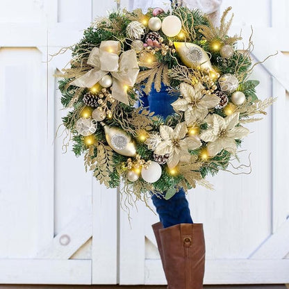 WANNA-CUL Pre-Lit 24 Inch Lighted Christmas Wreath for Front Door Champagne Gold Christmas Door Wreath Decor with Ball Ornaments, Poinsettia Flowers,Ribbon,Pine Cones,Battery Operated 30 LED Lights