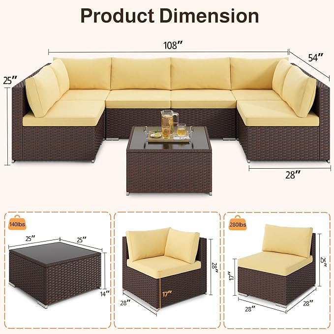Ahomly 7-Piece Patio Furniture Set, Outdoor Sectional Couch with Water-Resistant Cushions & Coffee Table, PE Rattan Outdoor Patio Sofa Set for Backyard, Deck, Garden, or Porch, Beige
