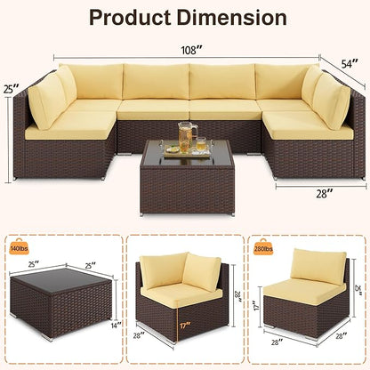 Ahomly 7-Piece Patio Furniture Set, Outdoor Sectional Couch with Water-Resistant Cushions & Coffee Table, PE Rattan Outdoor Patio Sofa Set for Backyard, Deck, Garden, or Porch, Beige