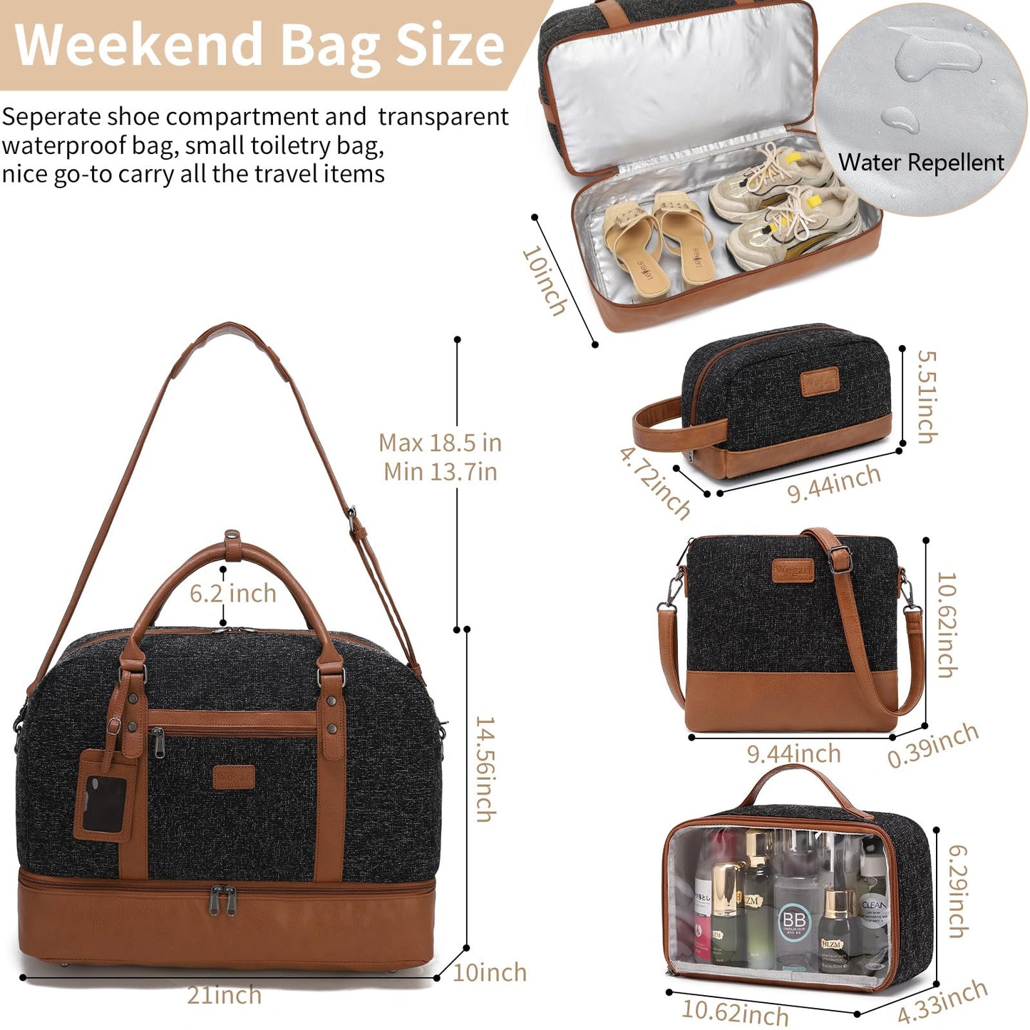 Wogarl 4PCS Weekender Bags for Women Large Overnight Bag Weekend Travel Duffel Bag Carry on Shoulder with Shoe Compartment Canvas Toiletry Bag for Travel Business Gym(Black)