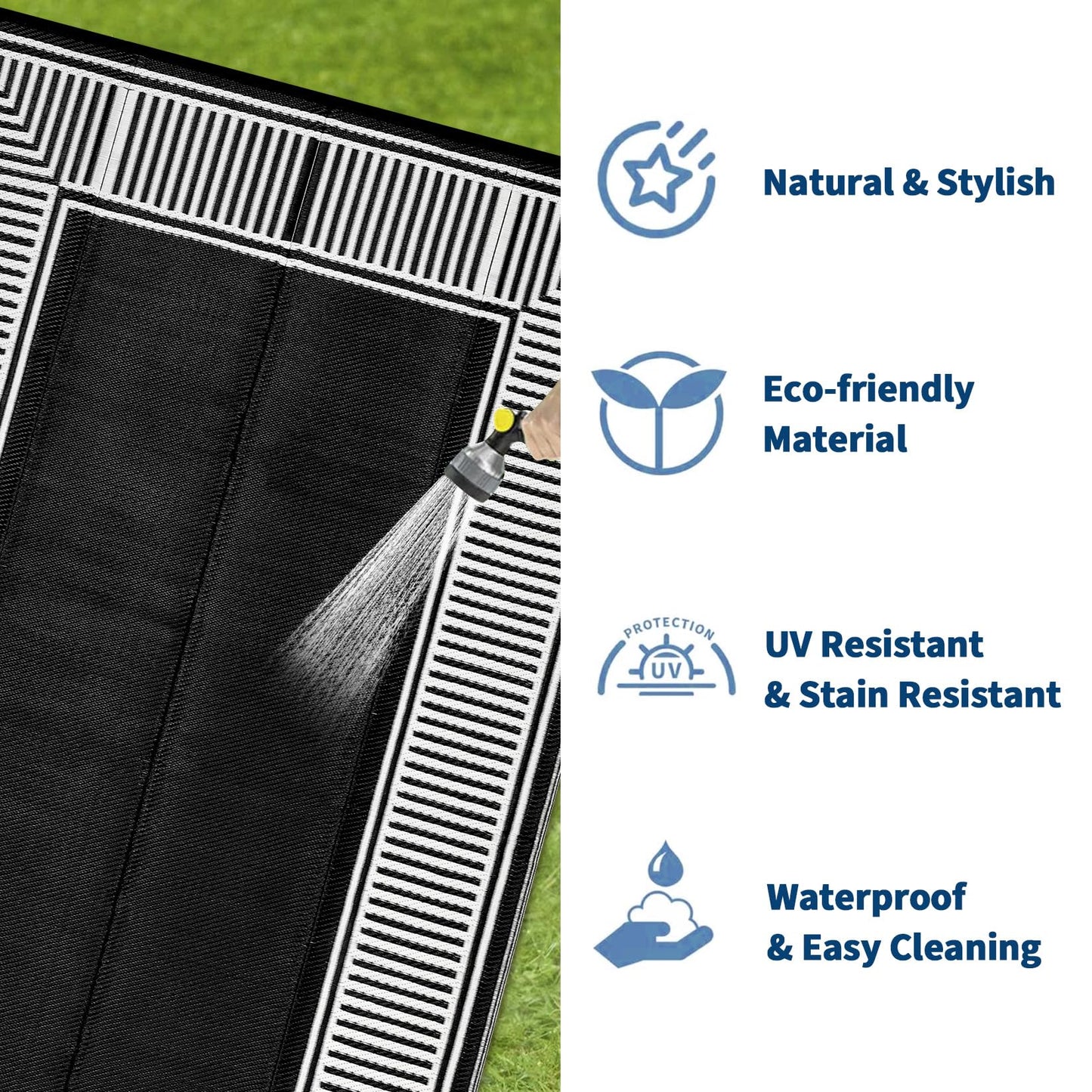 GAOMON Outdoor Patio Rug 8x10 Reversible Camping Mat, Stain-Resistant Plastic Straw Rug, Easy to Clean, Waterproof Indoor Outdoor Carpet for Porch, Deck, Balcony, Beach, GardenBorder-Black