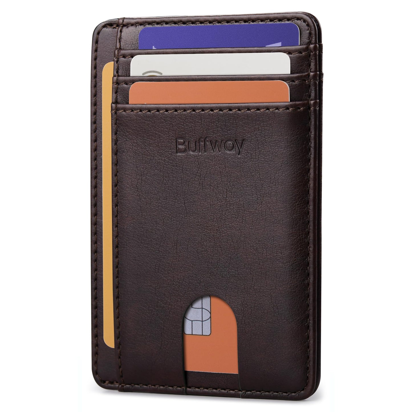 Buffway Slim Minimalist Front Pocket RFID Blocking Leather Wallets for Men and Women - Pebble Brown