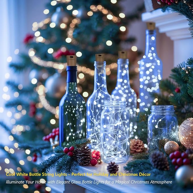 10 Pack Bottle Lights with Cork, 20 LED 7ft Cool White Copper Wire String Lights for Wine Bottles, Battery Operated Decorative Fairy Lights for DIY, Home, Party, Wedding Decor (Cool White)
