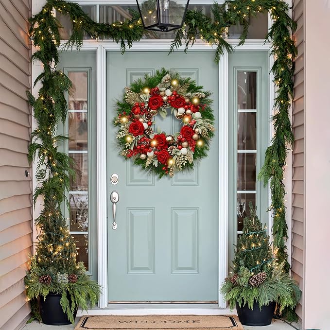 24 Inch Artificial Christmas Wreath for Front Door, Christmas Rose Floral Wreath with Lamb's Ear Red Berries Pine Cones Golden Leaves, Winter Wreaths for Front Door Wall Home Outdoor Decor