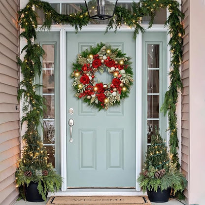 24 Inch Artificial Christmas Wreath for Front Door, Christmas Rose Floral Wreath with Lamb's Ear Red Berries Pine Cones Golden Leaves, Winter Wreaths for Front Door Wall Home Outdoor Decor