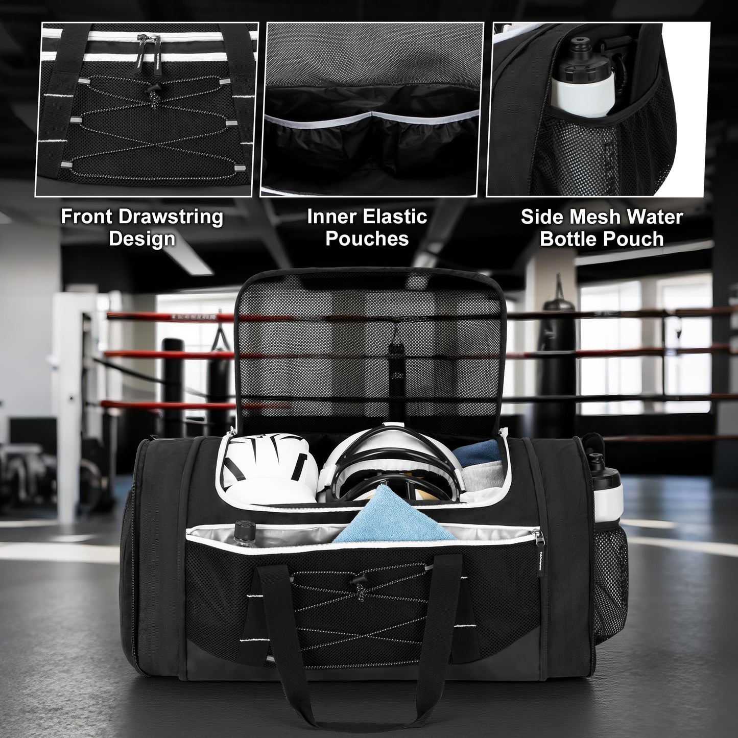 DSLEAF Boxing Gym Bag with Shoe Space and Expanded Design, Boxing Duffle Bag with Ventilated Mesh for All Gear, Suitable for MMA, BJJ, Kickboxing, Muay Thai and Other Combat Sports
