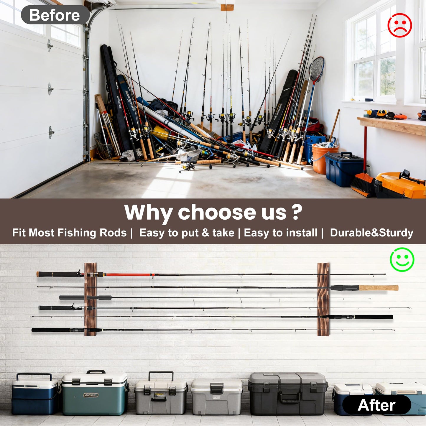 Wooden fishing rod holder Wall or Ceiling Mount – Holds Up to 6 Rods or Combos, Fishing Pole Holder for Garage, Boat, Cabin & Tackle Storage Organization