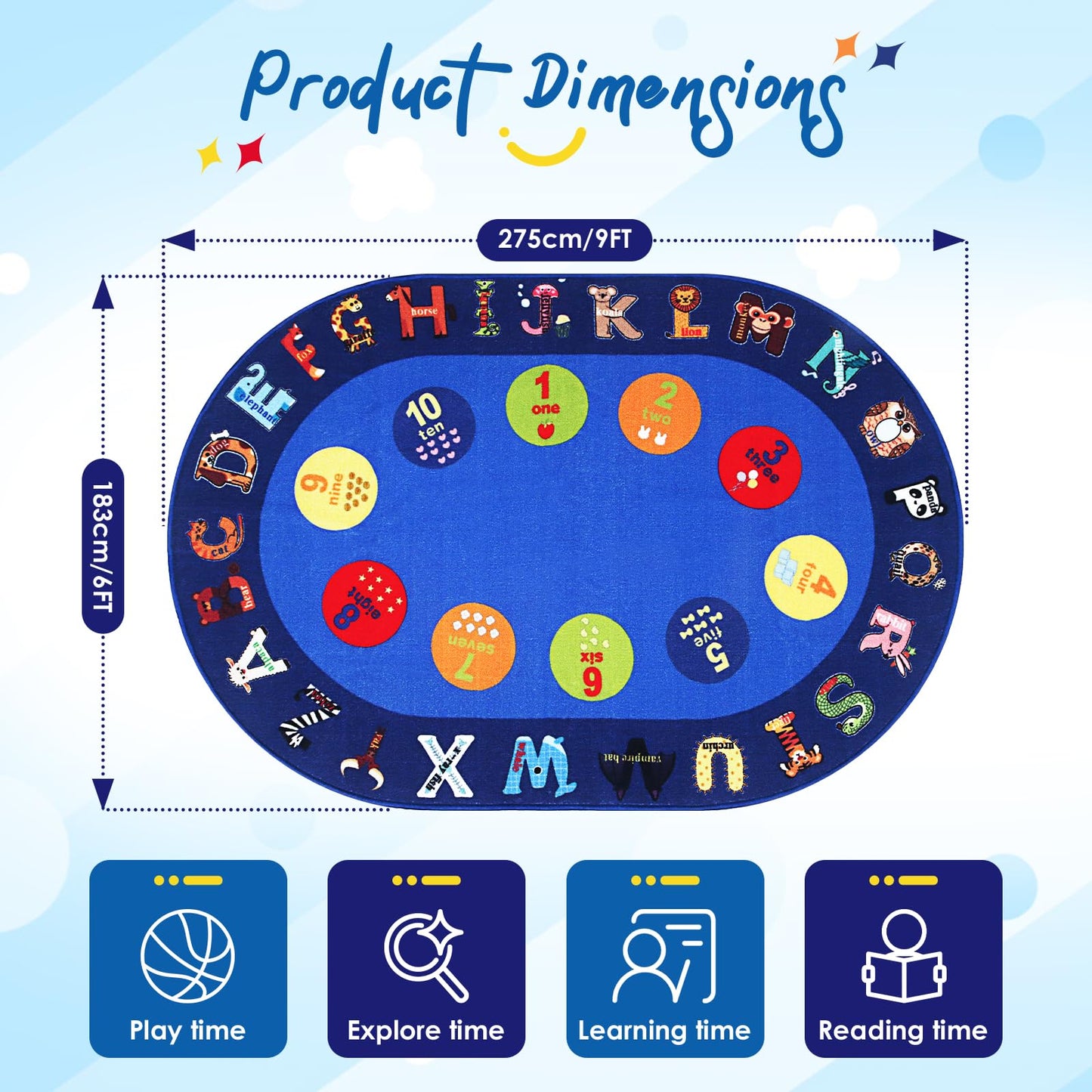 lotoo Classroom ABC Rug, Kids Rugs for Playroom, Preschool Educational Carpet for Learning Alphabet Animals Words Numbers, Kids Daycare Nursery Play Mat for Toddlers Children Bedroom Playroom