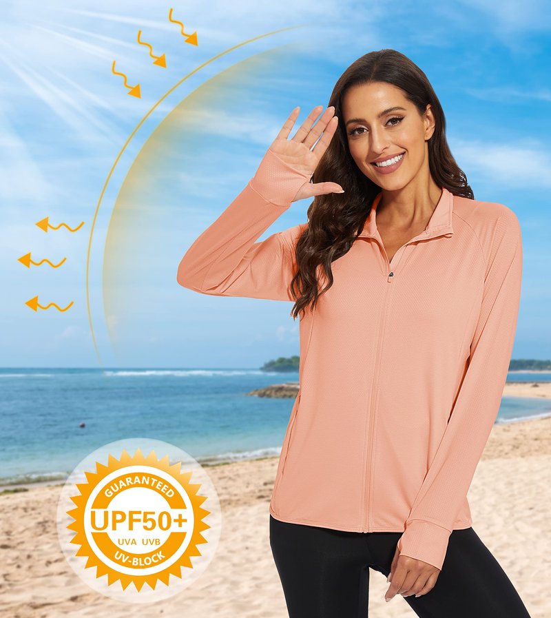 MAGCOMSEN UPF 50+ Sun Protection Long Sleeve Hiking Jackets Quick Dry Performance Athletic Workout Jacket with Thumb Holes Apricot S