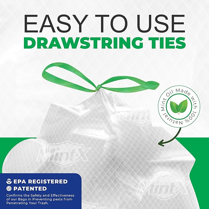 Mint -X Rodent Repellent Indoor Tall Kitchen Drawstring Trash Bags