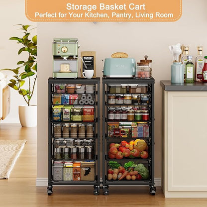 6-Tier Kitchen Storage Cart -Fruit Vegetable Storage Cart with Drawers, Wooden Top Metal Wire Kitchen Organizer and Storage Cart with Wheels to Storage Onions Potatoes Cans Snacks for Kitchen