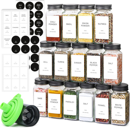 ComSaf 6Pcs 4oz Glass Spice Jars with Shaker Lids, 21 Labels, Spice Jars Trial Set & Supplement Set, Empty Spice Containers and Square Spice Bottles for Kitchen and Seasoning