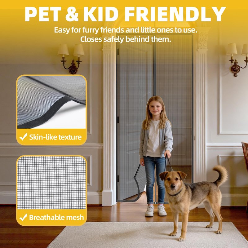 Magnetic Screen Door – 34" x 81" with Strong Magnets, Self Sealing Hands Free Mesh Curtain for Interior Door, Fits 32" x 80" Standard US Door, Keep Bugs Out, Pet and Kid Friendly, Easy Install, Black