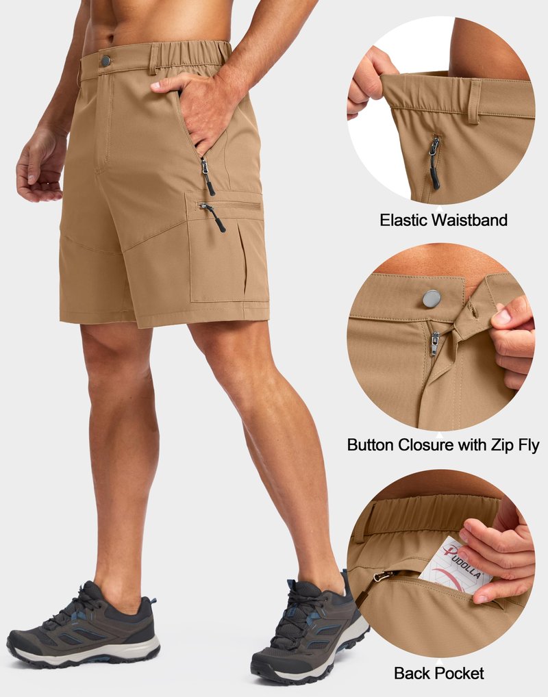 Pudolla Men's Hiking Cargo Shorts Lightweight 7" Travel Casual Shorts for Men Golf Work Outdoor with 5 Zipper Pockets(Dark Khaki Small)