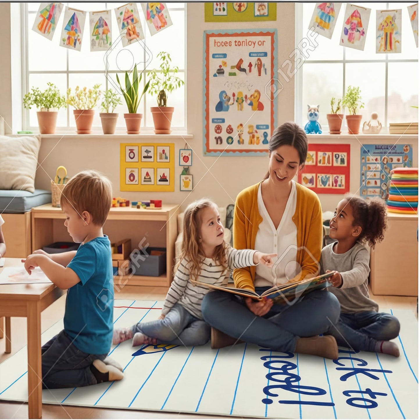 Breling 5 x 7.6 ft Large Classroom Area Rug Composition Notebook Rug Elementary Educational Carpet Back to School Decor for Teachers Library Nursery Playroom Reading Corner Daycare Learning Space