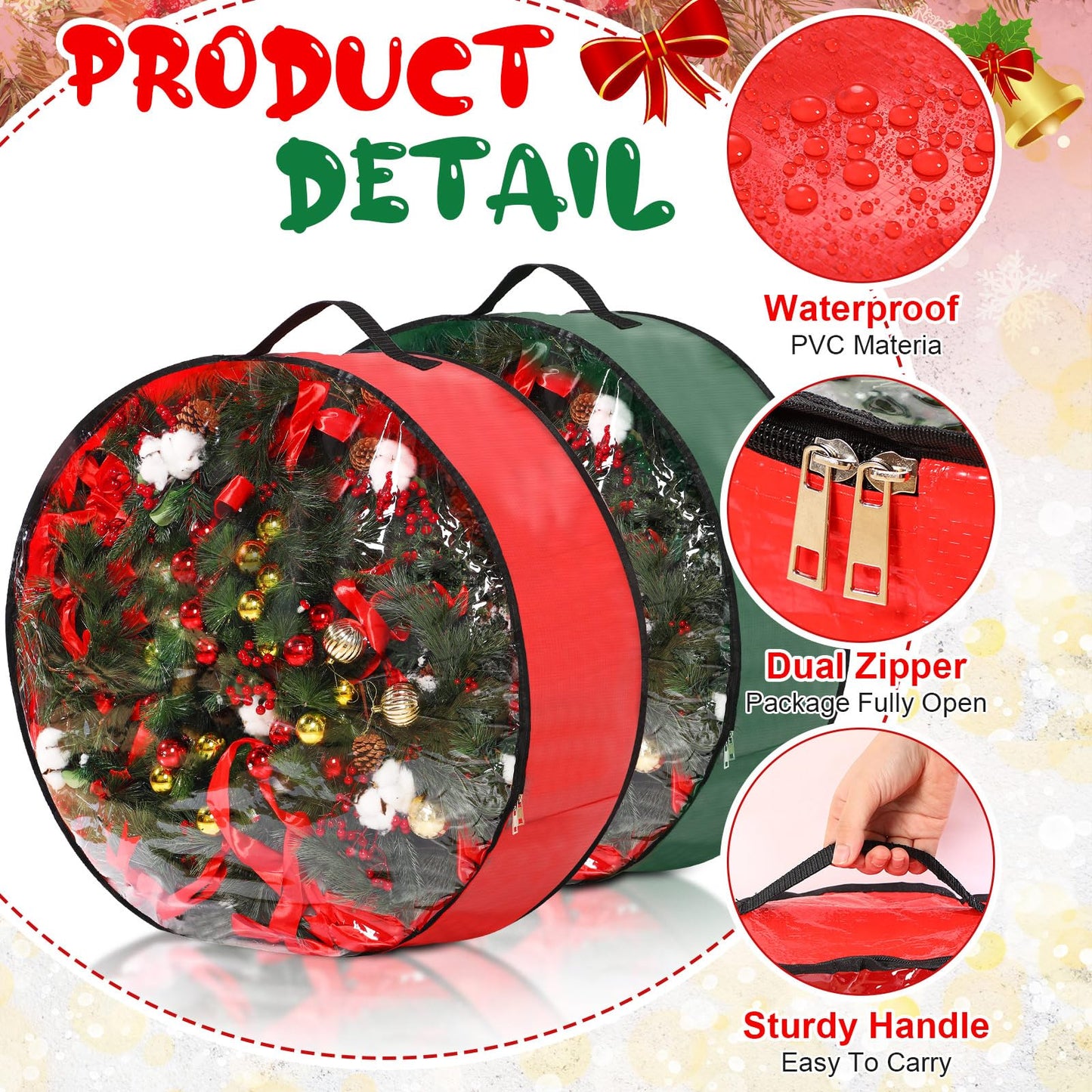 Aliceset 4 Pack Wreath Storage Containers, Ornament Garland Wreath Storage Bags with Handle Zipper Decorative Storages Box for Christmas in July Wreaths(24 x 24 x 7.8 Inch,Red, Green)