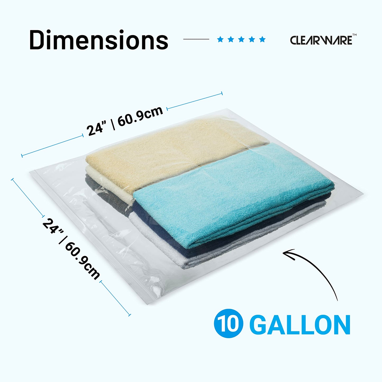 15 Count - Large Storage Bags With Zipper Top, 10 Gallon Size 24" x 24", Extra Large Plastic, For Clothes, Travel, Moving, BPA-Free, Heavy Duty 3-Mil Thick