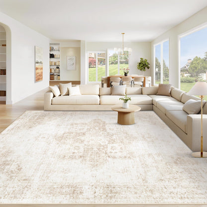 VECARF Area Rug 9x12 Washable Rug, Vintage Boho Medallion Rugs Non-Slip Soft Low Pile Large Distressed Rug Indoor Retro Carpet for Living Room Bedroom Dining Room Home Office (Beige, 9'x12')