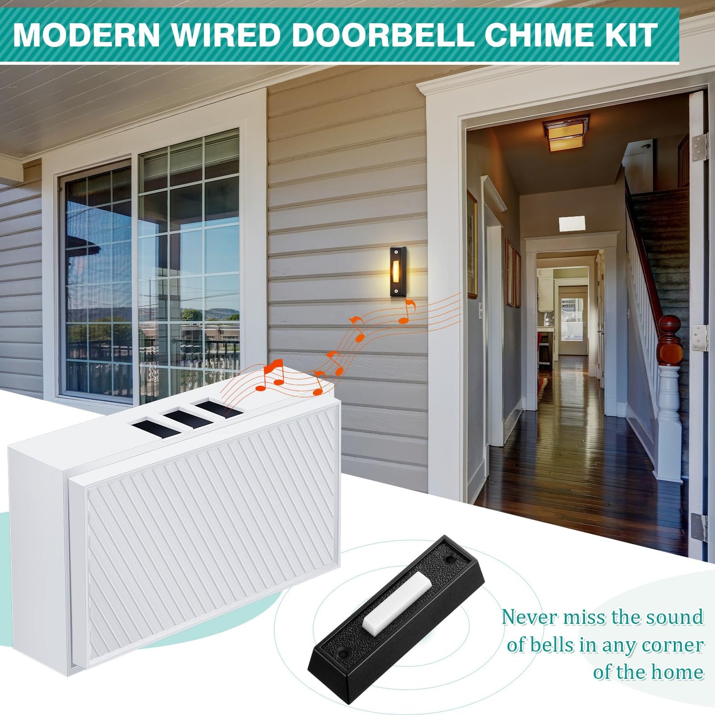 Saillong Wired Doorbell Chime with 2 Lighted Push Buttons, 16V 10VA Two Sounds Front and Rear Hardwire Door Bell Kit for Home Wall Inside, Compatible with Most Brand Doorbells(Black, White, Yellow)