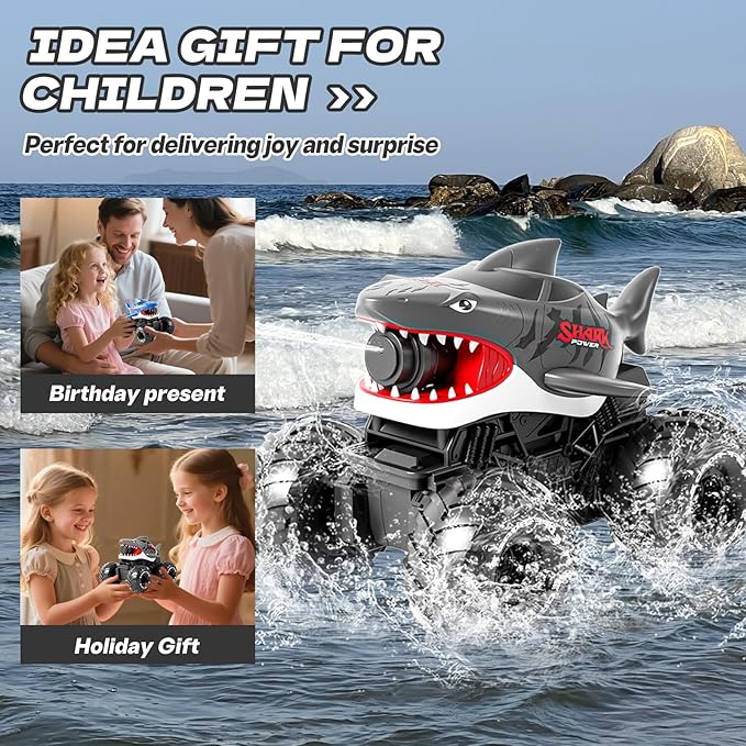 Gesture Sensing Amphibious Remote Control Gray Shark Monster Truck with Water Squirt 4WD 1:16 RC Car All-Terrain Waterproof RC Tank Pool Toy Outdoor Summer Gifts for Kids Age 6+（2 Replaceable battery)