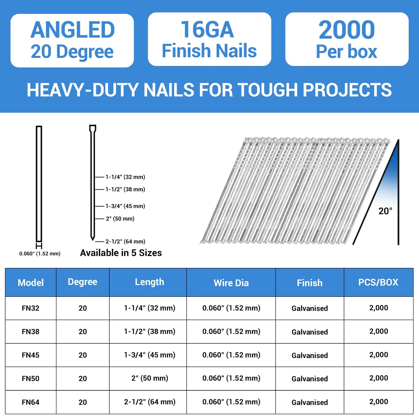 meite 16 Gauge 20 Degree Angled Finish Nails 1-1/2 Inch Galvanized Rust-Proof Finishing Nails for Electric or Pneumatic Finish Nailer - Cabinet Crown Baseboard Trim & Molding (24,000 PCS)