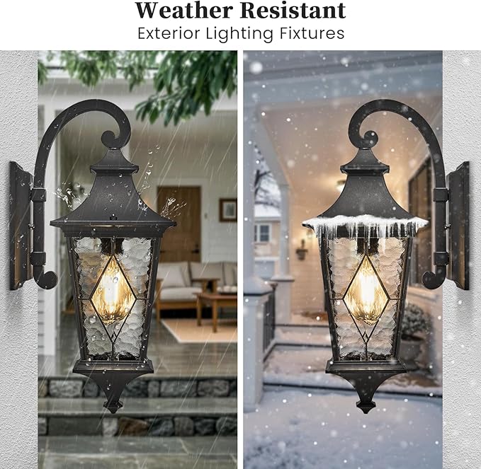 Outdoor Sconce Lights Black Porch Lights Outdoor Aluminum Waterproof Exterior Lighting Fixtures with Water Ripple Handmade Solder Glass E26 Socket