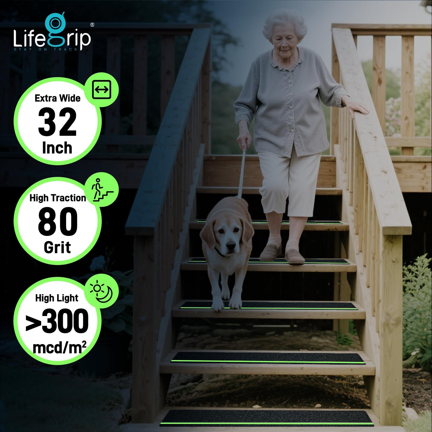 LifeGrip Anti Slip Traction Treads 10 Pack, 6"x32" with Glow in Dark Stripe, Best Grip Tape Grit Non Slip, Outdoor Non Skid Tape, High Traction Friction Abrasive Adhesive for Stairs Step