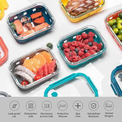 GENICOOK Glass Meal Prep Containers with Glass Lids, 5 Pack 22 oz Airtight Food Storage Containers with Silicone Sleeves, BPA-Free Borosilicate Glass, Microwave Freezer Safe