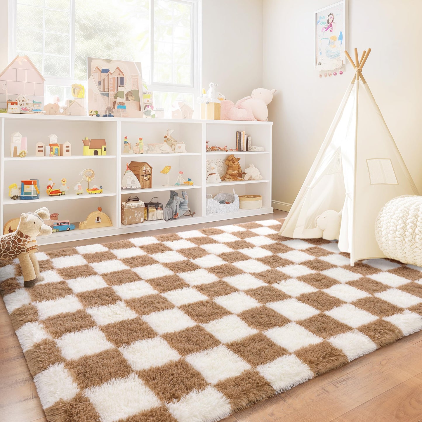 Quntue Rugs for Bedroom, 4x6 Fluffy Fuzzy Shag Checkered Area Rug for Living Room, Modern Plush Soft Upgrade Non-Slip Carpet for Kids Girls and Boys Room Dorm Nursery Home Decor, Cream and Beige