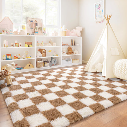Quntue Rugs for Bedroom, 4x6 Fluffy Fuzzy Shag Checkered Area Rug for Living Room, Modern Plush Soft Upgrade Non-Slip Carpet for Kids Girls and Boys Room Dorm Nursery Home Decor, Cream and Beige