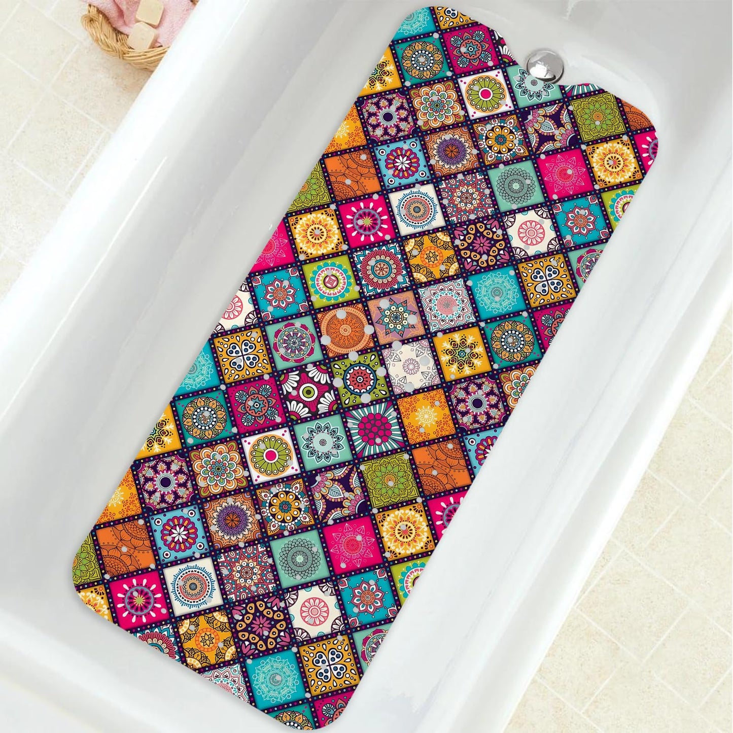 Bathtub Mat Non Slip, Bohemia Extra Long Bath tub Mat Shower Floor Mat with Suction Cups and Drain Holes for Adults Kids Elderly 40 X 16 Inch