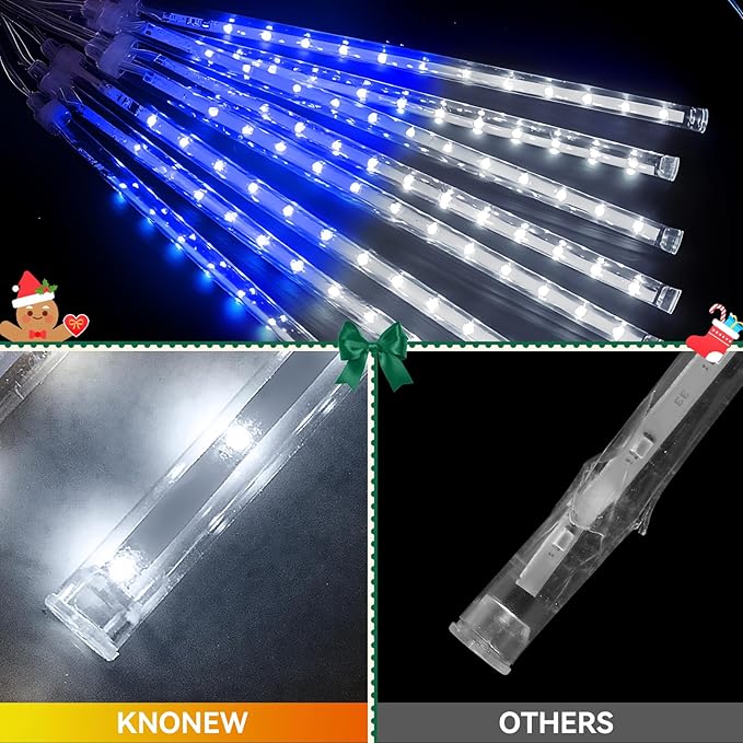 KNONEW 2Pack Total 48 Tube Meteor Shower Lights,15 in 672 LEDs Christmas Lights Outdoor Waterproof Plug in Falling Rain Light for Xmas Tree Wedding Party Garden Decorations (Blue and Cool White)