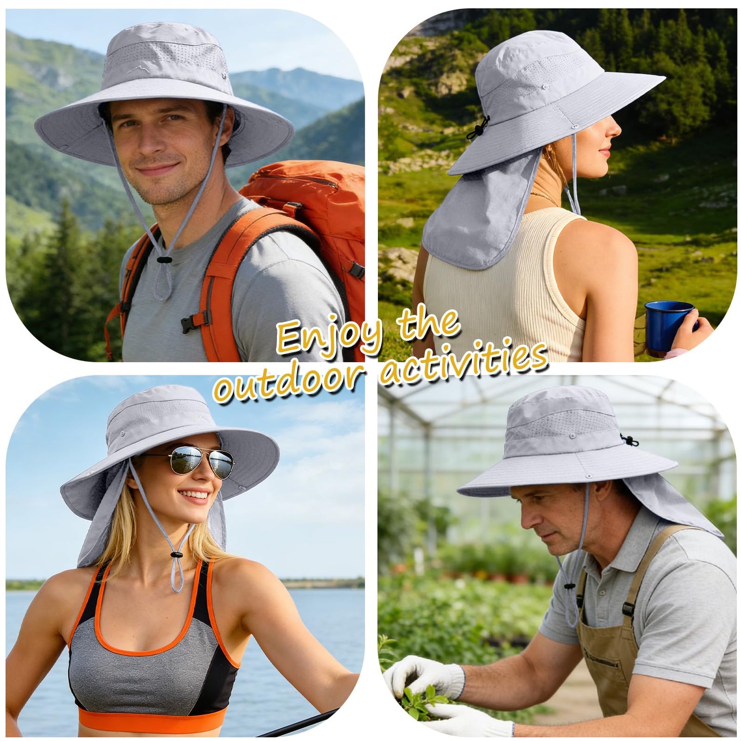 Sun Hats for Men Women, UPF50+ Protection Safari Hat,Wide Brim Fishing Hat with Neck Flap,Bucket Hats for Beach Hiking Lightgrey
