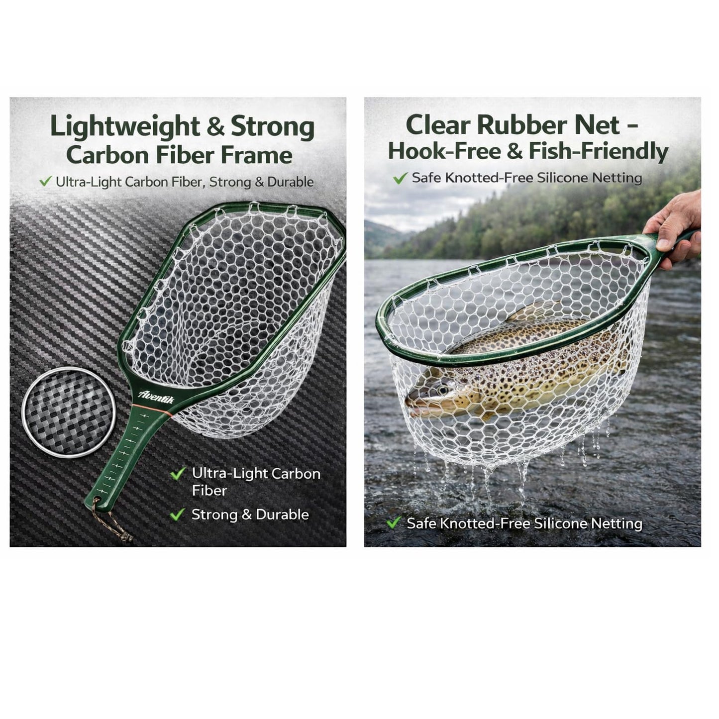 Aventik Floating Fly Fishing Net – Carbon Fiber Lightweight Landing Net with Clear Rubber Ghost Mesh for Trout – Catch and Release Friendly (Green with Standard Handle)