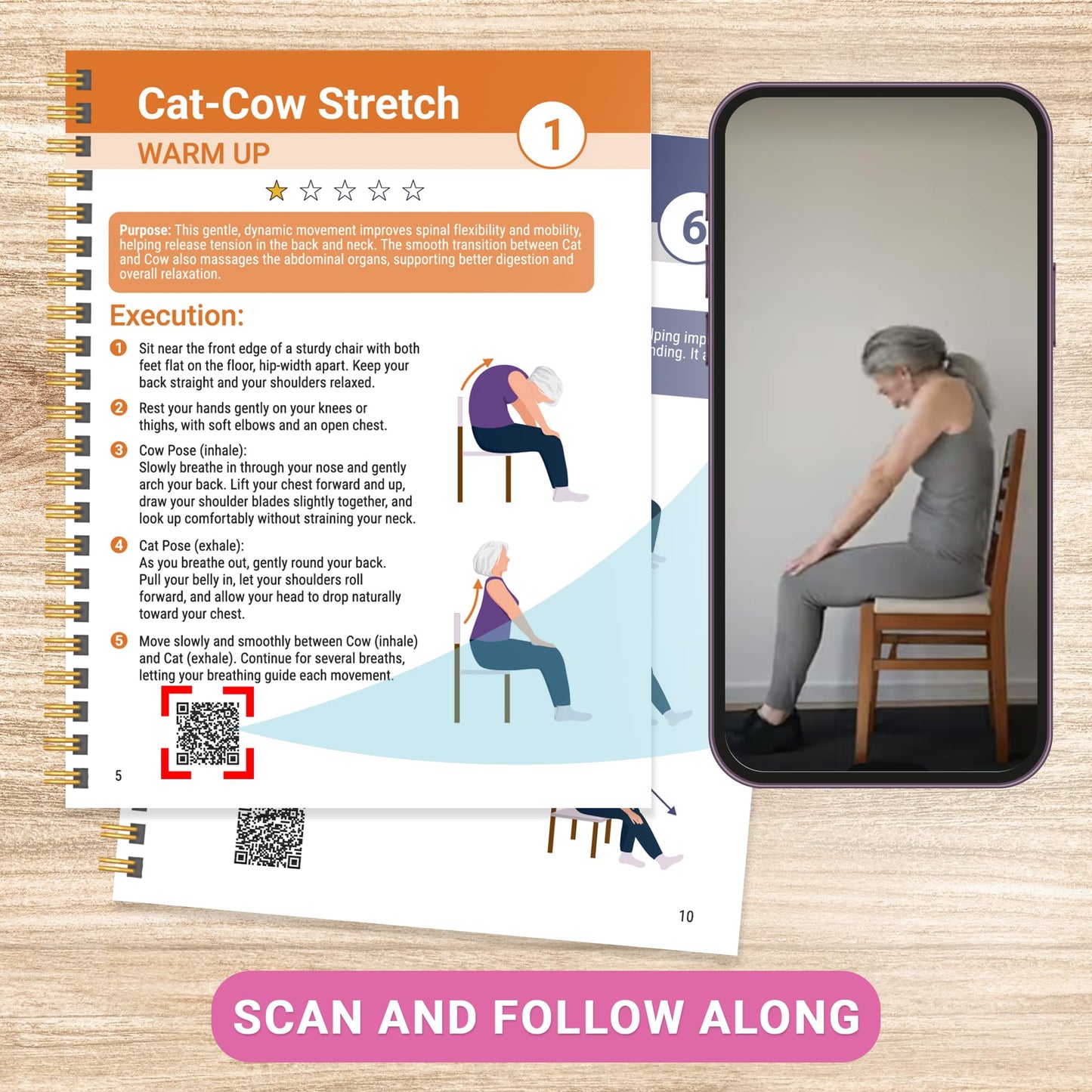 Chair Yoga for Seniors Over 60 Book and Chart, 30 Poses with Video Guide, Spiral Bound, Large Print, 30-Day Laminated Chart, Seated Exercises for Weight Loss, Flexibility, Gift for Women and Men