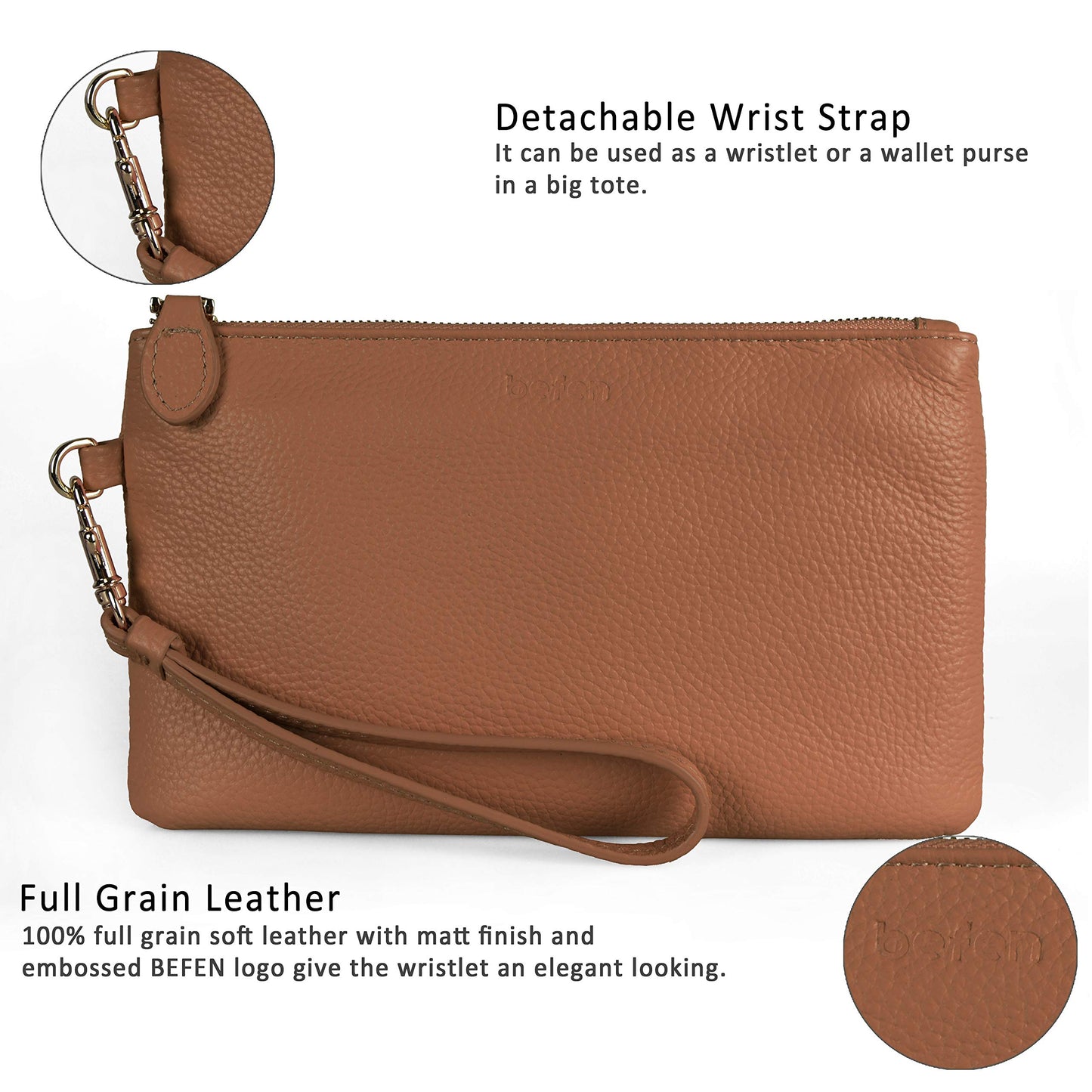 befen Women's Genuine Italian Leather Wristlet Clutch Wallet Purse, Gold Zipper (Camel)