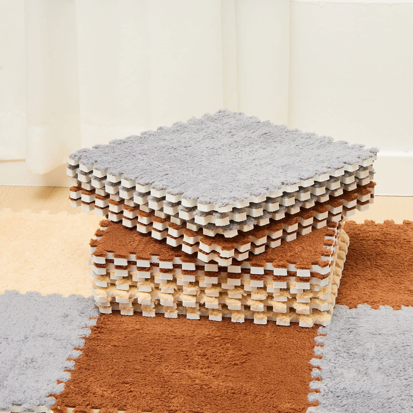 Amylove 36 Pack Plush Foam Floor Mat Square Interlocking Carpet Tiles with Border Fluffy Play Mat Floor Tiles Soft Climbing Rugs for Bedroom Playroom, 12 x 12 x 0.4 in(Apricot, Coffee, Gray)