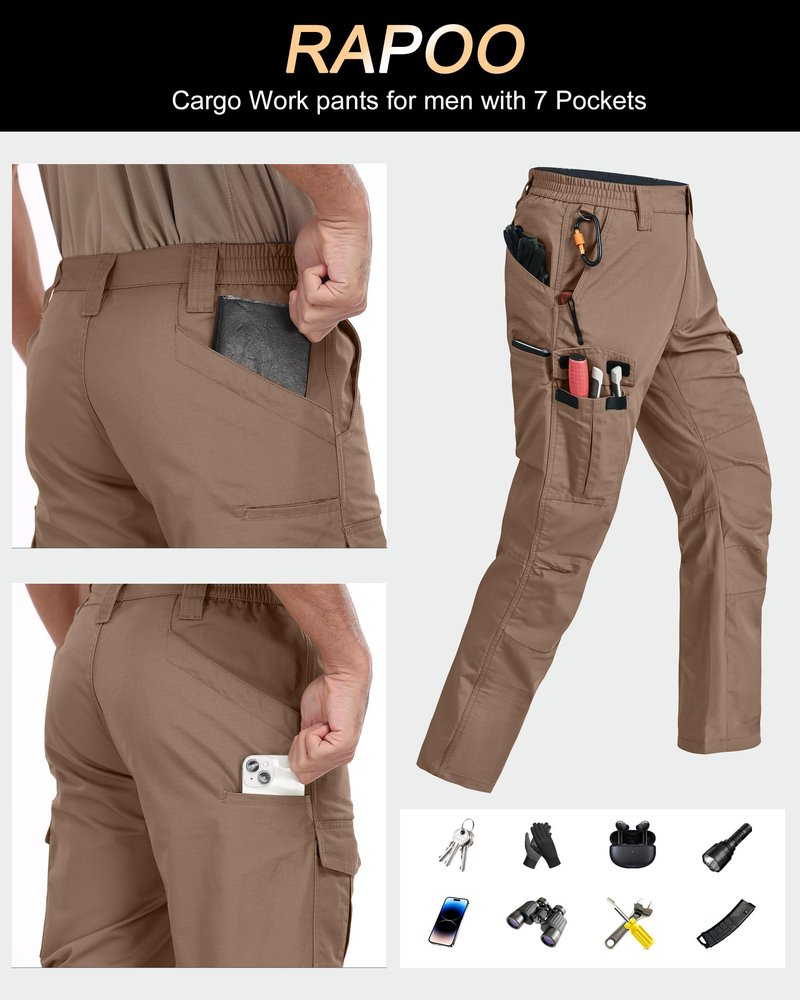 Rapoo Work Pants for Men Cargo Tactical Military Army Pants for Men with Pockets Heavy Duty Elastic Waist Mens Ripstop Construction Outdoor Pants Brown 32Wx30L