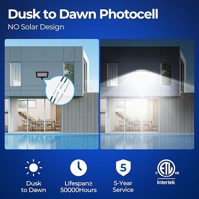 CINOTON Dusk to Dawn LED Flood Light Outdoor 50W, 7000LM IP65 Waterproof Security Wall Light Fixture with 180°Knuckle for Warehouse Patio Porch Garage 5000K Daylight AC100-277V